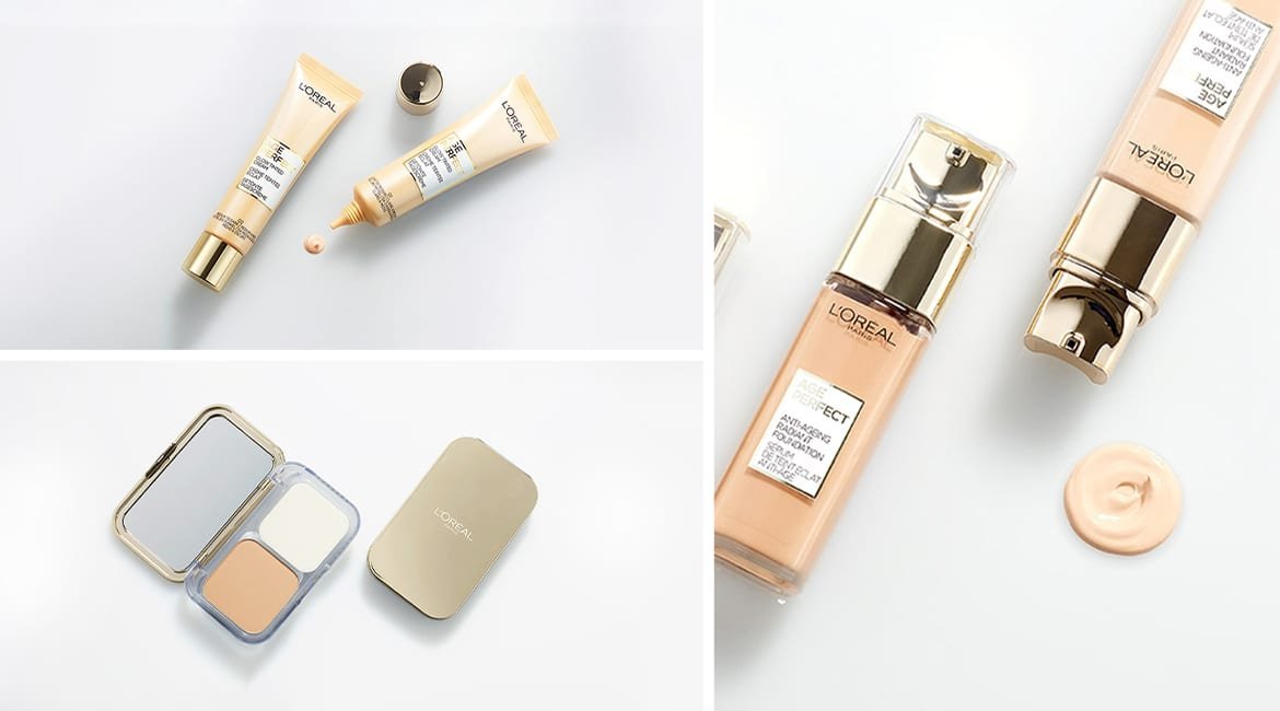 Collage mit Gesichts-Make-up Produkten der Age Perfect Reihe